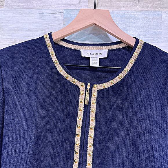 ST JOHN Tweed Lady Jacket Blue Gold Studded Trim Full Zip Wool Blend Womens 10 - Picture 2 of 9